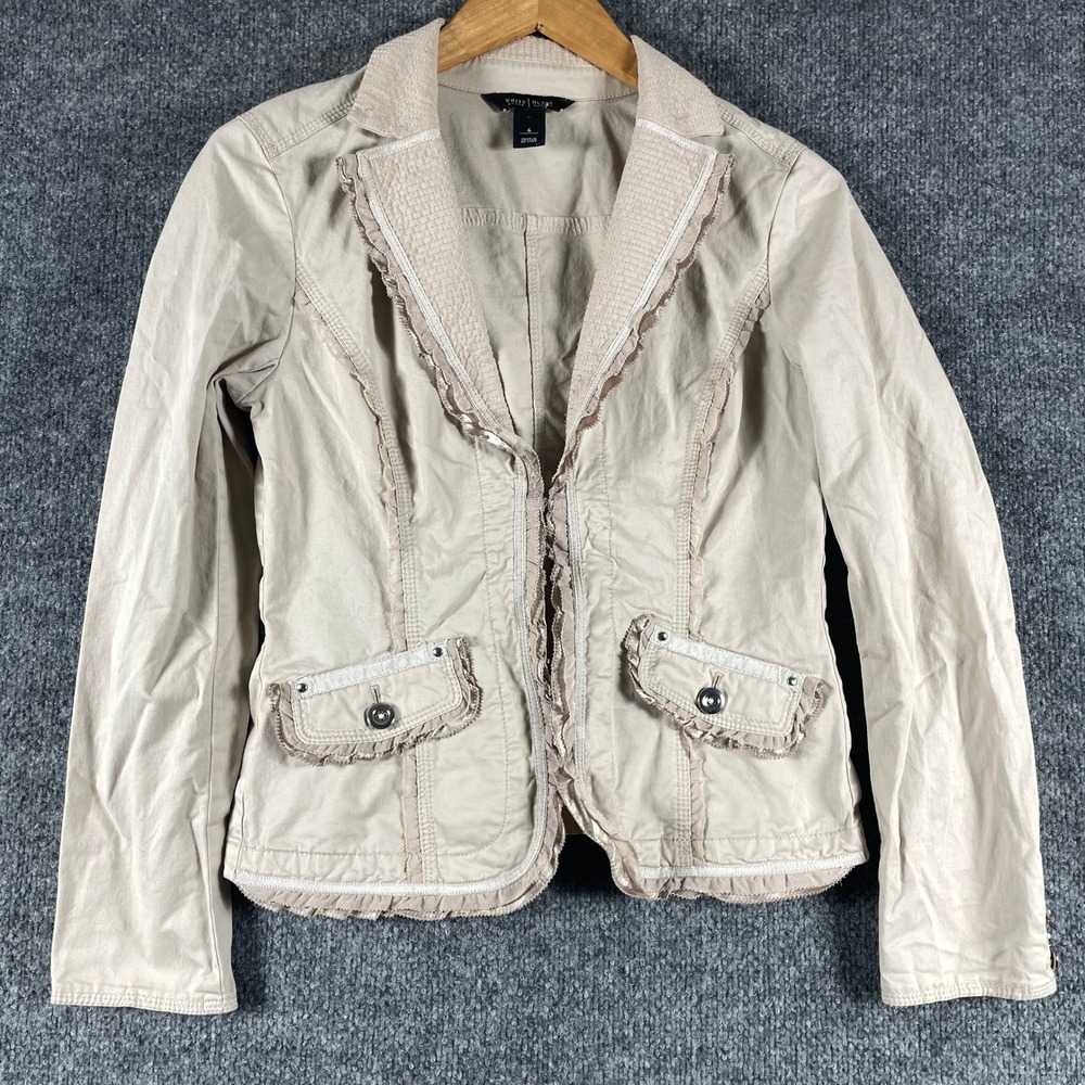 White House Black Market Jacket Womens 6 Beige Ruffle Trim Hook Eye Blazer Light